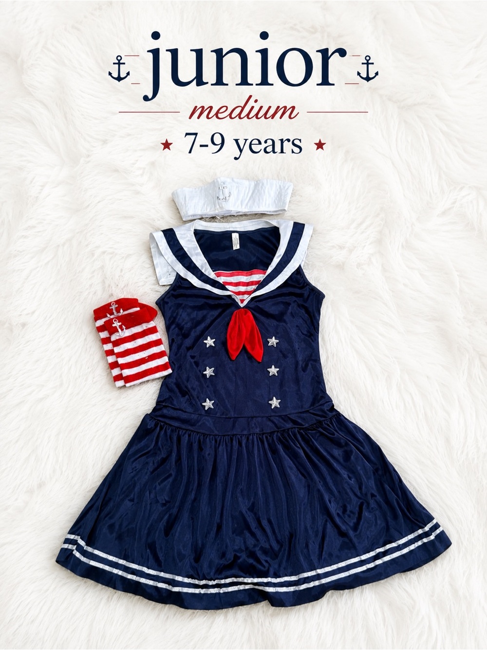 Junior Sailor Halloween Costume Medium 7–9 w/ Hat & Striped Sleeves